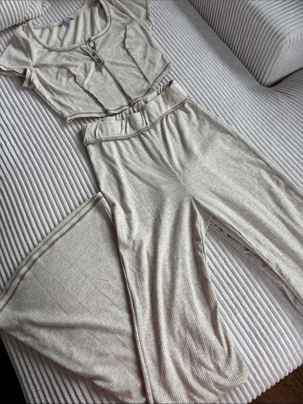NWOT Fashion Nova Cream Ribbed Two-Piece Crop Top & Wide-Leg Pants Set